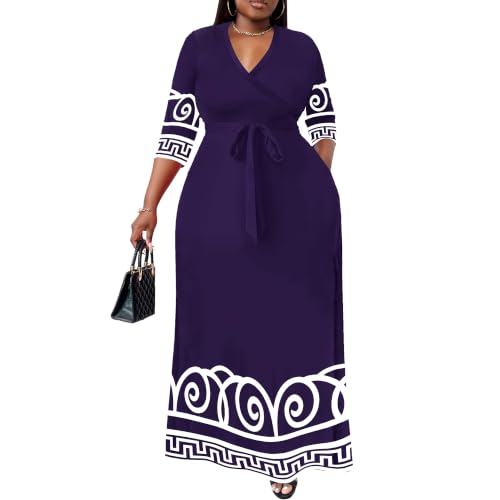 Image of Nmoder Plus Size Maxi Dress for Women - Summer Casual 3 /4 Sleeve Floral Flowy Long Dress with Belt XL- 6XL