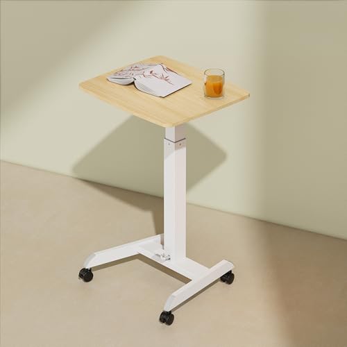 Image of JIN OFFICE Pneumatic Height Adjustable Table Desk | Hydraulic Sit Stand Laptop Table with Wheels and Foot Pedal for Height Adjustment| Portable Laptop Standing Desk (White Frame with Maple Top)