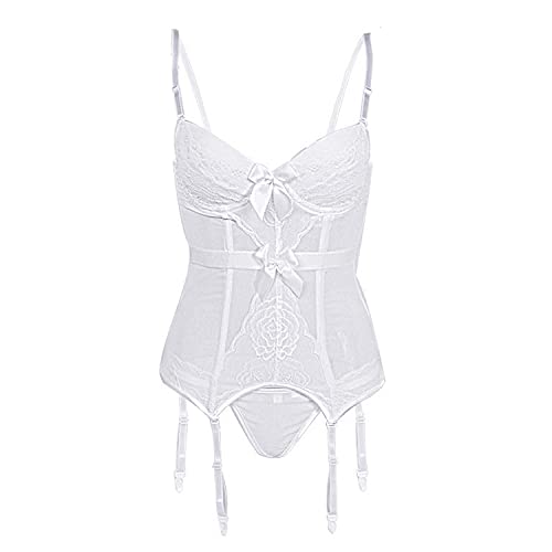 Corset désossé Sexy pour Femme Dentelle Cour Corset Shaper Jarretière Bretelles Lingeries Tenues sous-vêtements Bustier Fleuris Transparents de Grande Taille (Blanche,L)