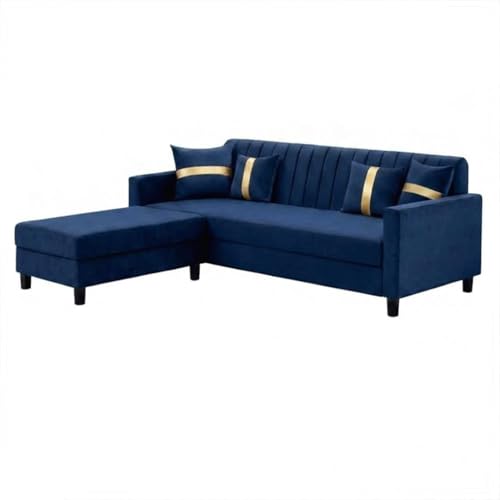 Image of CASASTYLE Korion 4 Seater L Shape Sofa Set with Movable Ottoman | Flexible Left or Right Layout | Cozy Velvet Fabric | Soft Touch Seating | Modern Designer Sofa for Living Room (Dark Blue)