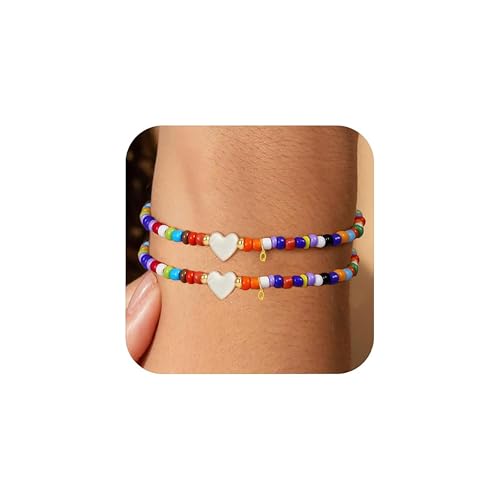 ZZLAY 2PCS Colorful Initial Bracelets – A-Z Letter Beaded Heart with Boho Gold Charm, Cute Beaded Heart Initial Bracelet Personalized Jewelry, M, Brass, no gemstone