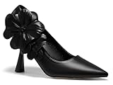 Coutgo Womens Stiletto High Heels Flower Dress Shoes Closed Pointed Toe Slip on Wedding Party Formal Pumps, Black, Size 7.5