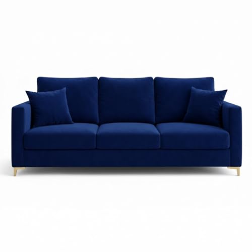 Image of Hayes Rich Velvet Suede 3 Seater Sofa | Golden Aesthetic Legs | Spacious Soft Touch Comfort Seating | Modern Sofa for Living Room (Dark Blue)