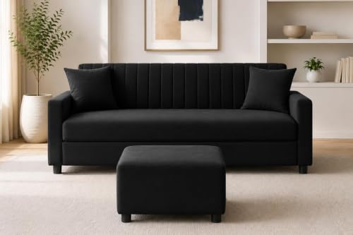 Image of Urban Decor 3 Seater Wooden Sofa Set with Matching Ottoman, Modern Channel Tufted Velvet Fabric Couch for Living Room-Black