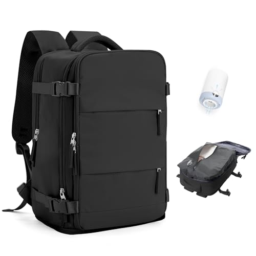 Vacuum Travel Backpack with Pump Women,Personal Item Carry on Backpacks Flight Approved 18x14x8 inches Men,Laptop Waterproof Work Compression bags Casual Daypack Mochila de Viaje Compresion al Black