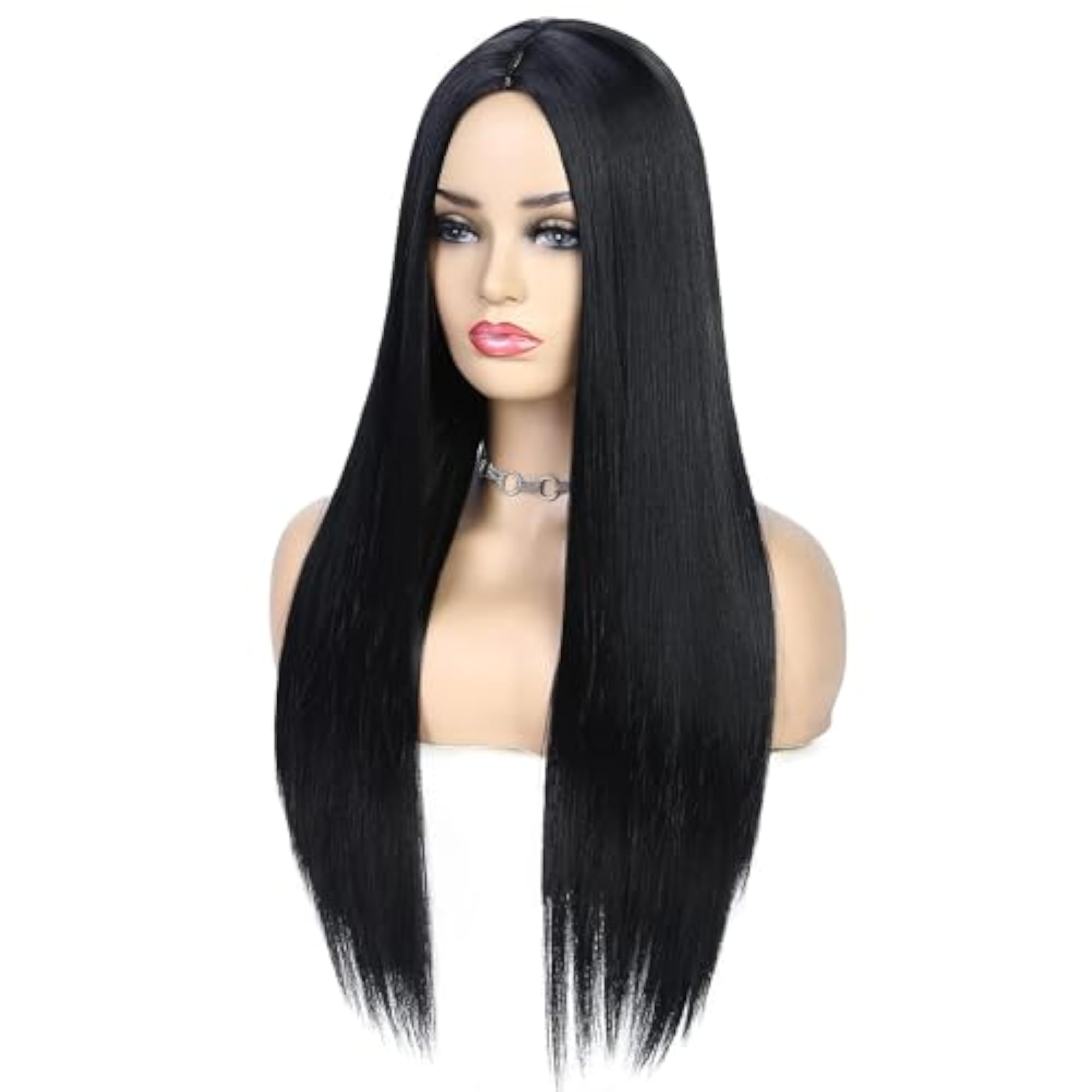 Women's 26 Inch Long Black Straight Synthetic Wig
