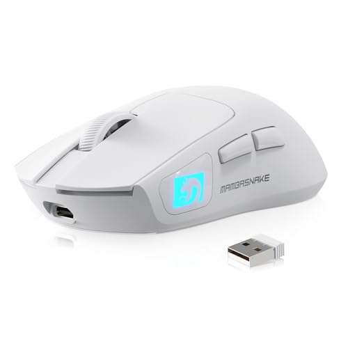 MAMBASNAKE M4 Superlight Souris Gamer sans Fil, 24000 DPI, 53g Ultra-Léger Souris Gaming, Capteur PixArt PAW3311, RGB Logo, Batterie 400 mAh, 2,4GHz/Bluetooth/Filaire, for PC/Mac, Blanc
