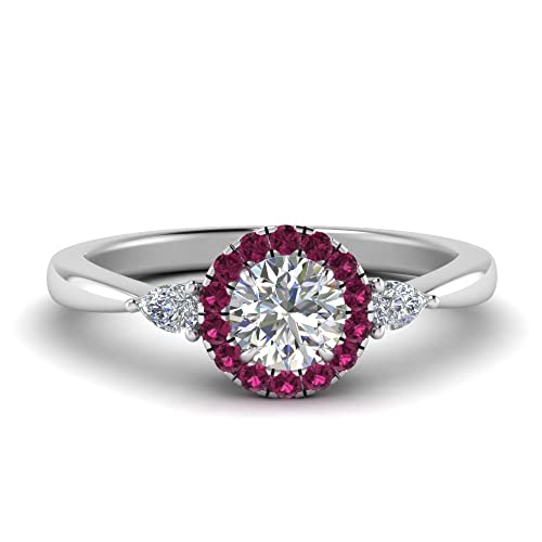 Image of Sterling Silver Sapphire & CZ Diamond Halo Engagement Ring with Pear Accent, Round Shape, Wedding & Everyday Jewelry for Women, US Sizes 4-12