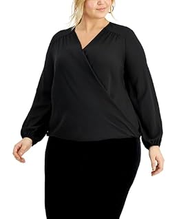Plus Size Blouson-Sleeve Surplice Top Deep Black 1X