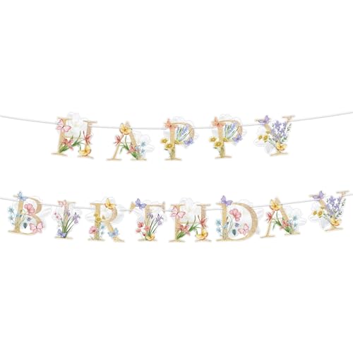 Image of Flower Butterfly Happy Birthday Banner Boho Wildflower and Butterflies Baby Banner Flower Birthday Decorations for Women Kids Girls Party Supply