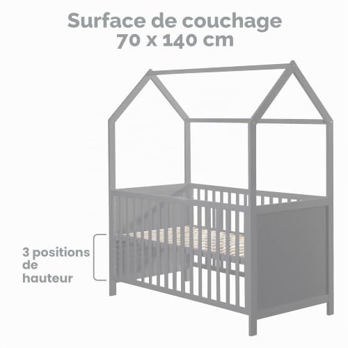 roba Lit Bébé Cabane Évolutif 70x140 - Convertible en Canapé - Réglable en Hauteur - Taupe