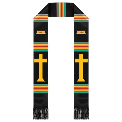Geyoga Christian Cross Graduation Stole Kente Stole Black Authentic African Art 72" x 4.8" for Adult College Unisex Grads Celebrate