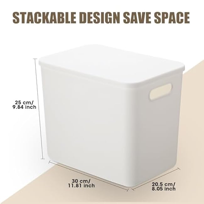 Honeydak 6 Pcs White Plastic Storage Bins with Lids 11.81 x 8.07 x 9.84 Plastic Storage Baskets Boxes Stackable Containers with Lids Organizer Bins for Shelves Drawer Playroom