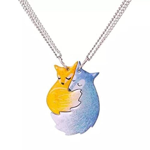 Q&D&S 2Pcs Hugging Fox and Wolf BFF Necklace For Couple Matching Friendship Pendant Jewelry Gifts For Best Friend