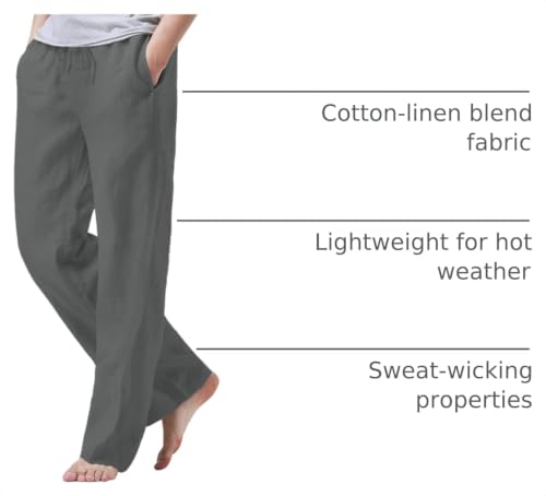 Image of iWoo Linen Pants Men Casual 2025 Summer Beach Elastic Drawstring Waist Yoga Pants Travel Baggy Work Pant Pajama