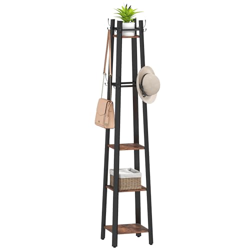 HOMCOM Perchero de Pie de 4 Niveles, con 4 Estantes, 8 Ganchos, Perchero de Entrada Recibidor con Estructura Metálica, para Colgar Ropa, Sombrero, en Pasillo, Sala de Estar, Dormitorio, Marrón Rústico