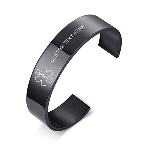 VNOX Free Custom Engraving Medical Alert Cuff Bracelets for Men Women Open Wide Cuff Bangle,Black