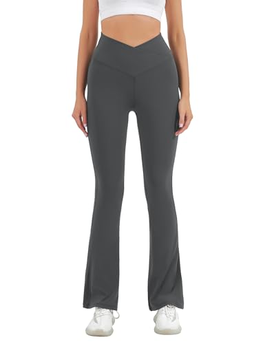 Image of HEGALY Women's Flare Yoga Pants - Crossover Flare Leggings High Waisted Tummy Control Workout Casual Bootcut Pants, Dark Grey, M