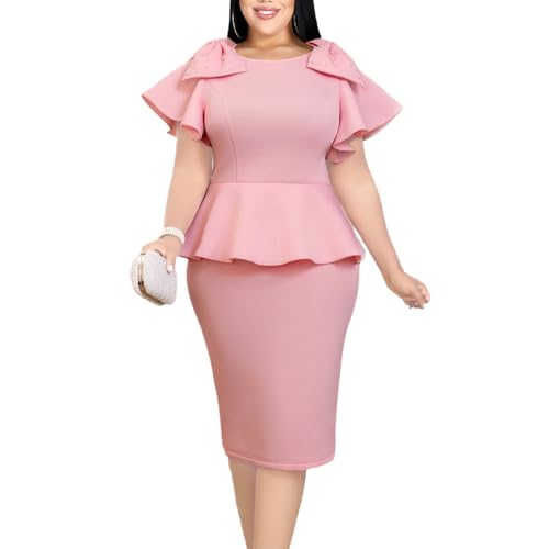 Image of ONTINVA Women's Plus Size Pencil Dress Bowtie Beaded Ruffle Flared Sleeves Wedding Guest Dress Wear to Work Dresses