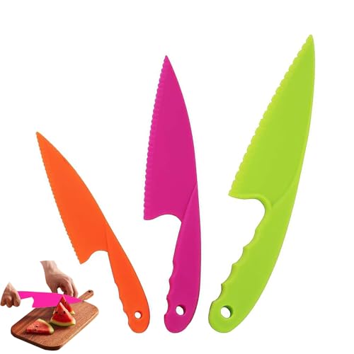 WQEDVN 3 PCS Plastic Knives, Kids Knife Set for Chopping, Toddler Knives, Kids Kitchen Knife Set, Childrens for Chopping, for Vegetables, Fruits, and Salad(Orange+Green+Rose Red)