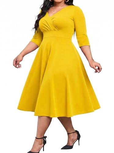 Image of Womens Plus Size Dresses Faux Wrap Summer Dress 3 /4 Sleeves V Neck 1950s Retro Vintage Wedding Party Midi Dress