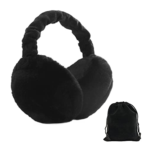 CAEEKER Winter Ear Muffs, Adjustable Faux Fur Ear Warmers, Foldable Windproof Plush Earmuffs with Earlap for Men, Women, Ladies & Girls, Black