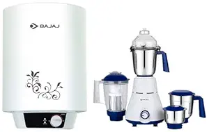 Bajaj New Shakti Neo 15L Vertical Storage Water Heater (Geyser 15 litres) & Bajaj Rex 750W Mixer Grinder with Nutri Pro Feature, 4 Jars, White