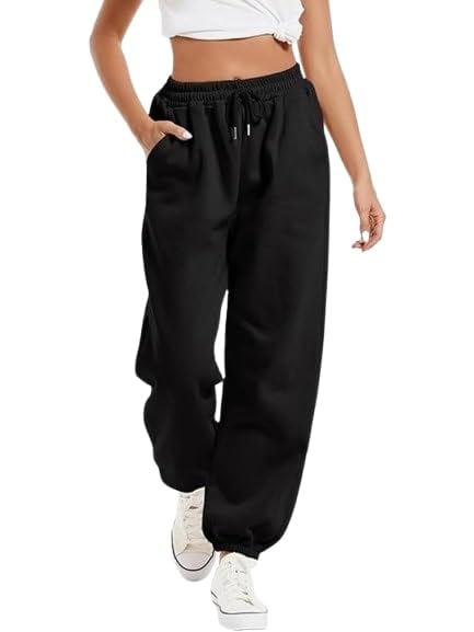 Image of Women's High Waist Jogger Pants, Cotton Blend, Drawstring Elastic Waist, Relaxed Fit