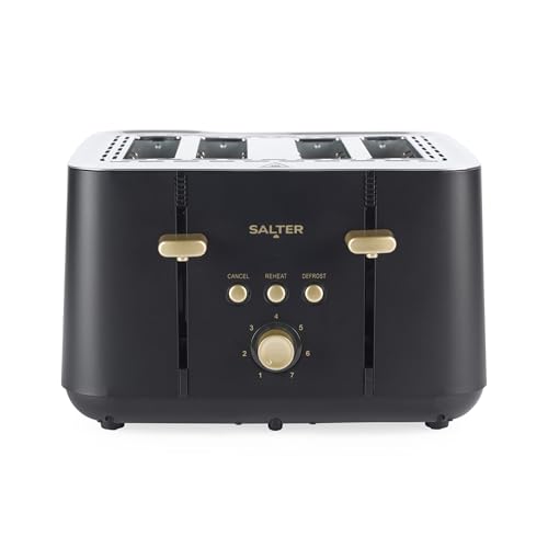 Salter Alchemy 4-Slice Toaster - 7 Levels of Browning, Wide Slots, Defrost, Reheat, Cancel Functions, High-Lift Eject, Removable Crumb Tray, Self-Centring, 1850W, Black/Gold