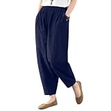 [F8eight] 綿麻専門店 サルエルパンツ 9分丈 上質 ワイド パンツ レディース 綿麻風 無地 ゆったり ポケット付き ウエストゴム 大きいサイズ カジュアル 体型カバー 快適 通気 通勤 通学 万能アイテム 春 夏 秋 (JP, アルファベット, L, ネイビー)