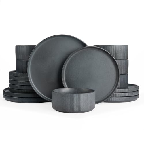 Image of Famiware Star Plates and Bowls Sets, Modern Stoneware Dinnerware Sets for 6, 18-Piece Kitchen Dish Set - Chip and Scratch Resistant, Microwave and Dishwasher Safe Tableware, Matte Dark Charcoal