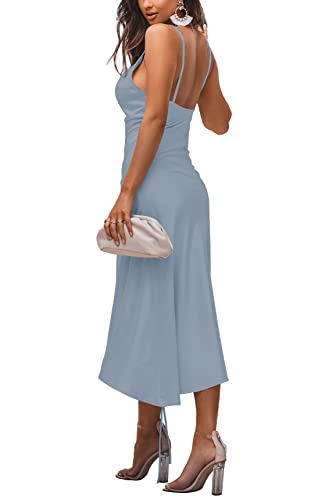 Image of LYANER Women's Satin Spaghetti Straps Cowl Neck Sexy Ruch Cocktail Midi Dresses