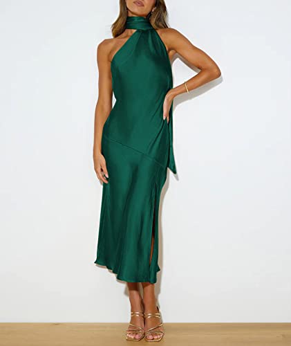 Image of Sexyshine Women's Elegant Halter Tie Neck Sleeveless Satin Long Dress Backless Split Cocktail Party Formal Wedding Maxi Dress