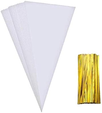 MAOUYWIEE Cone Bag 100 PCS Clear Cello Treat Bags Popcorn Bags Triangle Goody Bags with Twist Ties for Candies Handmade Cookies (7.1" X 14.6")
