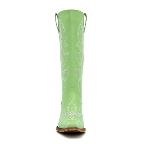 Image of Uillnoodu Women's Turquoise Cowgirl Boots - Wide Calf Mid Calf Western Boots Plus Size Embroidered Cowboy Style with Block Heel