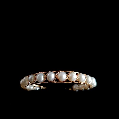 Bracelet jonc acier mémoire perles eau douce et fil plaqué or artisanal