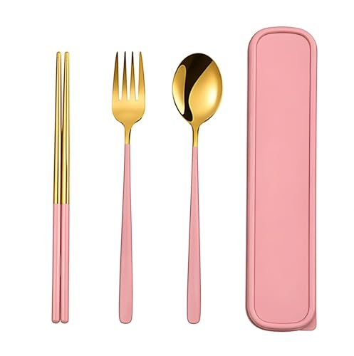 Image of 3 Piece Premium Gold Stainless Steel Chopsticks Fork Spoon Set with Travel Case Non-Slip Dinnerware Cutlery Set Tableware Set for Gift (Gold Pink)