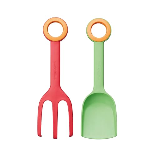 Fiskars Kinder-Blumenkelle und Kinder-Pflanzgabel, 2-in-1-Set, Länge: 24 cm, Glasfaserverstärkter Kunststoff, Grün/Orange und Rot/Orange, MyFirst Fiskars, 1062471