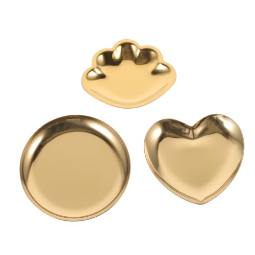 Cabilock 3 Piezas bandeja de joyería de acero inoxidable anillos abordar parar alfiler oro cesta soporte joyas chucherias bandeja de acero inoxidable plato de pendiente de dormitorio Golden
