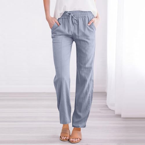 Women's Straight Leg Pants Cotton Linen Blend Casual Trousers with Tie Waist for Spring Solid Color High Waist 20252