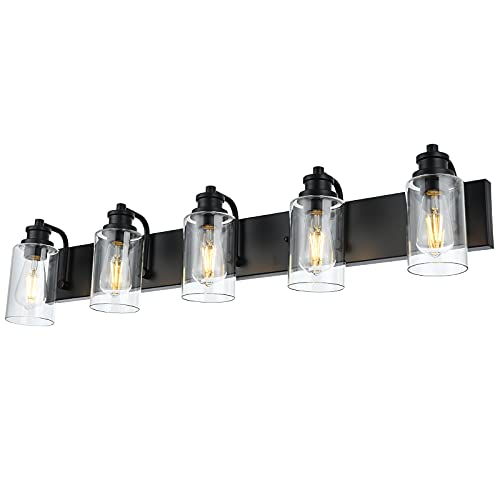 VINLUZ Industrial Bathroom Vanity Lighting 5 Light,Clear Glass Cylinder Shade Farmhouse Metal Base Wall Light Fixture in Black Finish for Bath Living Room