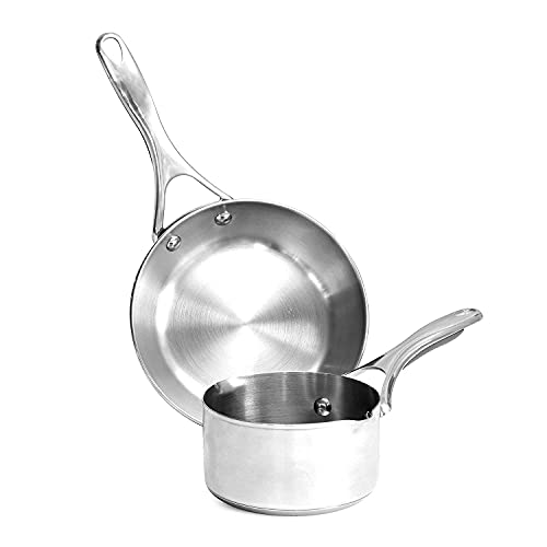 Meyer Select Nickel Free Stainless Steel 2 Piece Cookware Set | Steel Cookware for Kitchen | Cookware Stainless Steel Combo with Induction Bottom - 14cm Milkpan + 20cm Frypan, Silver