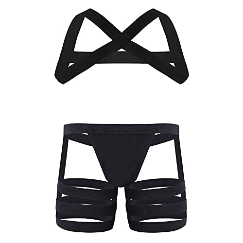 YiZYiF Men's Half Body Chest Harness Jockstrap Nylon Lingerie Set with Metal O Ring Underwear Boxer Black Medium