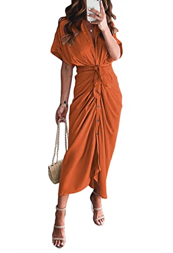 Women Elegant Satin Button Down Short Sleeve Maxi Shirt Dress with Belt