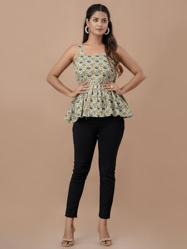 Image of feranoid Women Cotton Printed Sleeveless Strap Peplum Top