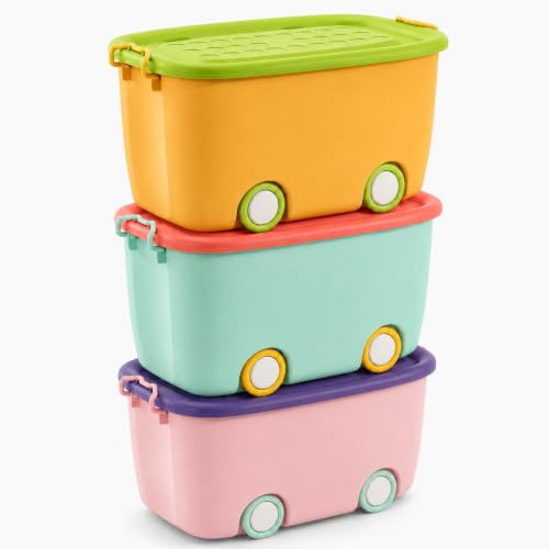 Image of STAR WORK Multipurpose Durable Storage Box Colorful Car-shaped Children's Toy Storage Container with Wheels and Handle (Pack Of 3, 45 Liter) color may very
