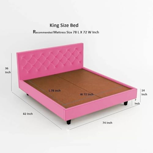 Image of Wooden Modern Upholstered King Size Bed for Bedroom | Wooden Double Bed Without Storage | Platform Cot Upholstered Bed with Upholstery Fabric | Engineered Wood | 6.5 x 6 Ft | Pink
