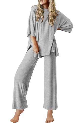 Image of Ekouaer Lounge Sets for Women Short Sleeve Tops and Long Pants Soft Comfy Pajamas Set 2 Piece Outfits