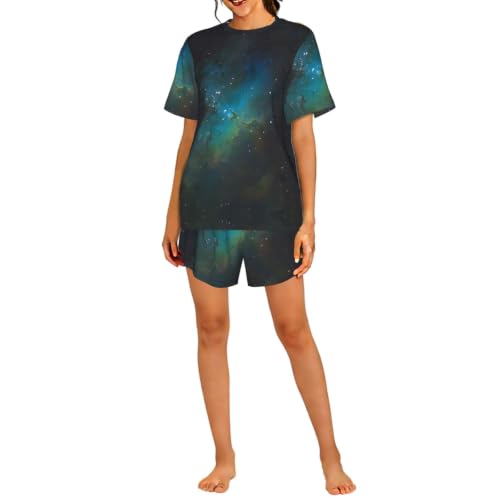 Pyjama court femme ensemble nuit confortable galaxie vert