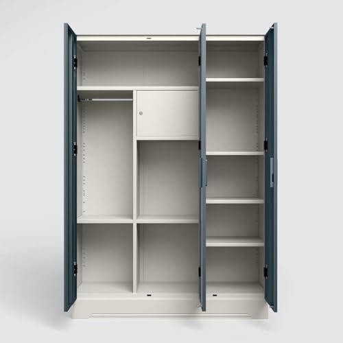 Image of Interio by Godrej Almirah Slimline 3-Door Steel Almirah, Cupboard for Clothes (Alpine White and Stormy Weather Matte), 1-Year Warranty, 7 Shelves, 1 Locker, Star Design Mirror